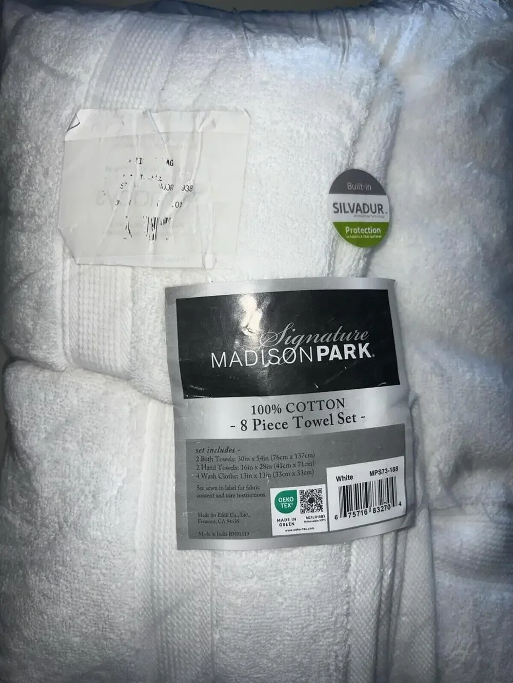 MADISON PARK SIGNATURE Solid 800GSM Cotton 8-Pc. Bath Towel Set, White, NWT